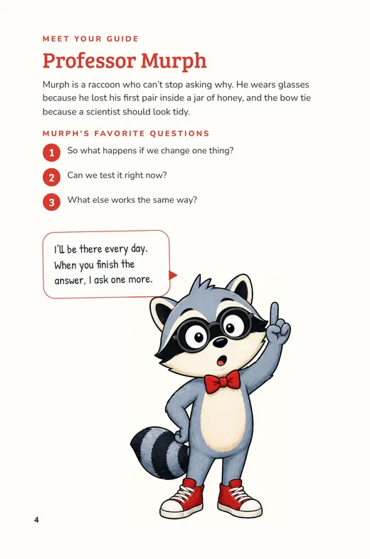 Page 4 of WHY: Professor Murph the raccoon introduces himself and his favorite questions.