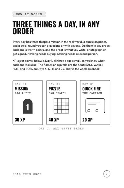 How it works page: three things a day, a mission, a puzzle and a quick fire round, with points for each.