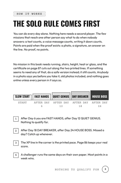 Page 4 of the book: the solo rule, the five ranks from Slow Start to House Boss, and the safety lines for every mission.