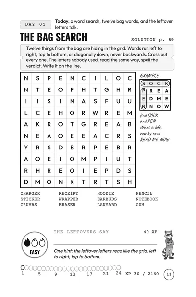 Day 1 puzzle, a word search rated EASY, unsolved.