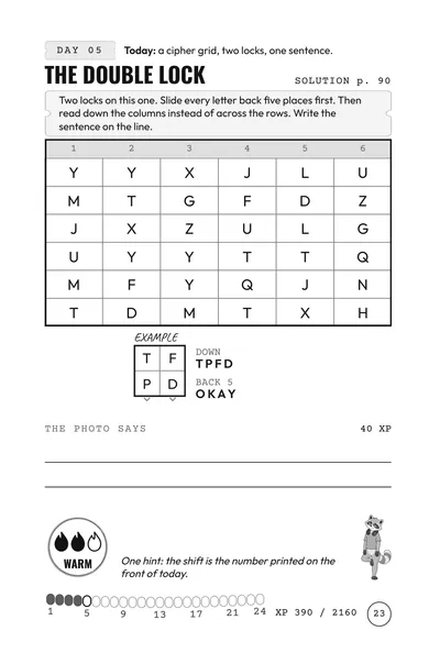 Day 5 puzzle, The Double Lock, a cipher grid brain teaser rated WARM, unsolved.