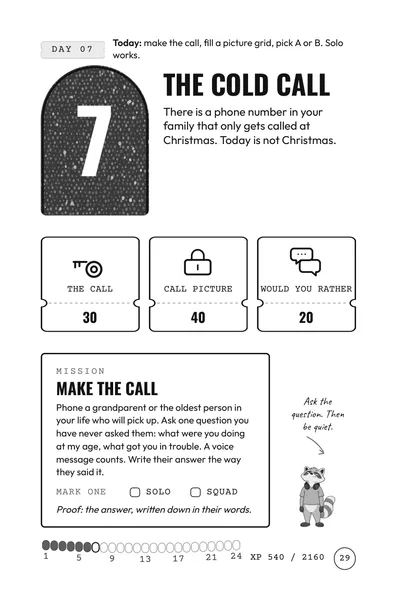 Day 7 mission page, The Cold Call: phone the oldest person in your life who will pick up.