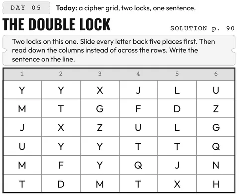 The Day 5 cipher grid, The Double Lock, six by six letters, unsolved.