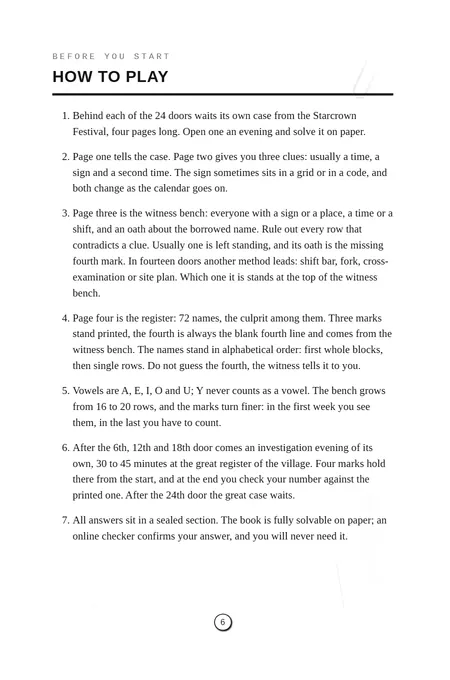 Two facing pages from the murder mystery puzzle book: How to Play in seven rules, and One Clue at Work.