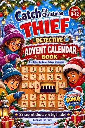Front cover of Catch the Christmas Thief! Advent Calendar Book for Kids by Cork and Pin Press: a snowy scene with the big red word THIEF, three kids in winter hats and a cork board with 24 numbered doors