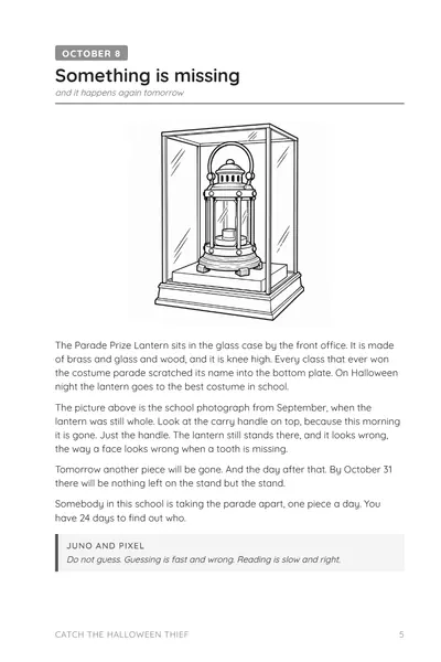Page 5 of Catch the Halloween Thief: a line drawing of the Parade Prize Lantern in a glass case under the heading Something is missing.