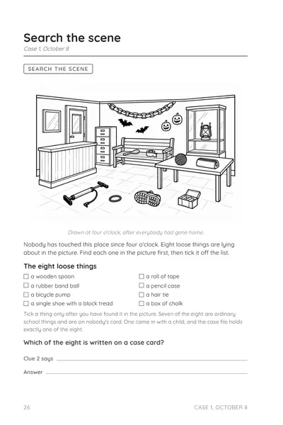 Page 26, Search the scene: a drawn school room after four o'clock with eight loose things to find and a checklist.