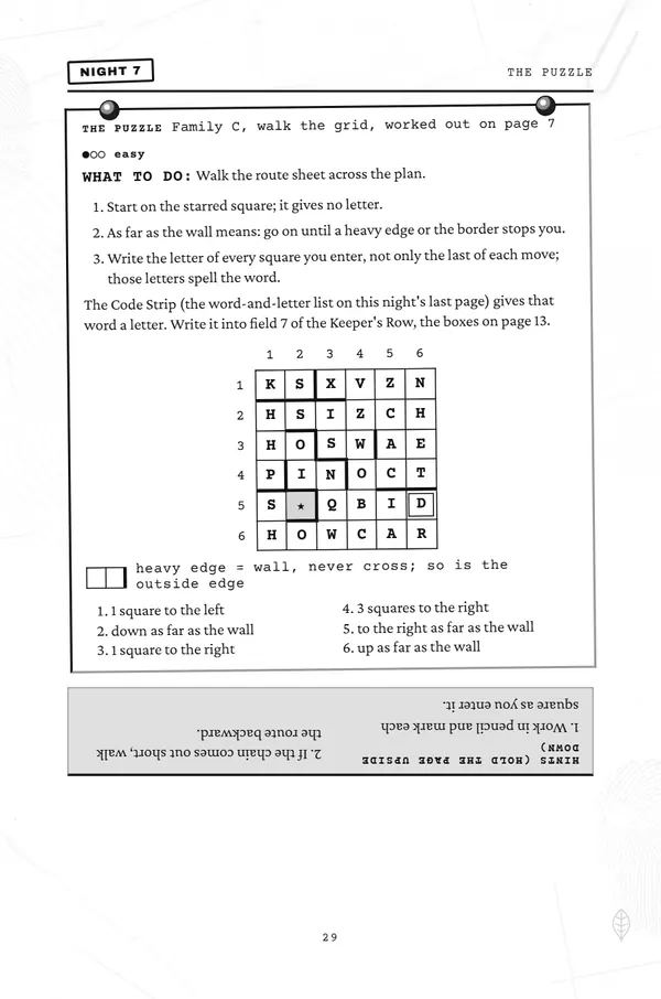 Night 7 puzzle page: a six by six letter grid with heavy wall edges and route steps.