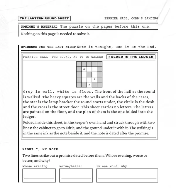 Night 7 document: a floor-plan grid of the hall marked with a star, a circle and a cross.