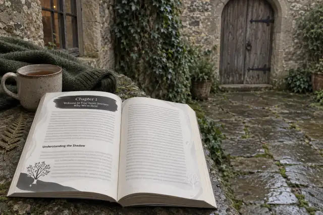 An open journal on a wet stone courtyard table beside a candle, a mug and a sprig of fern, ivy on the old walls behind.