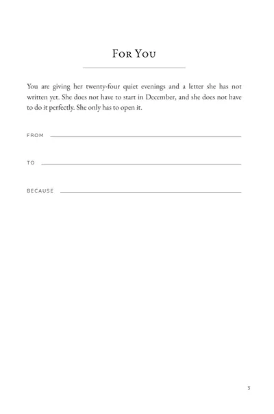 The gift page on page 3, with From, To and Because lines to fill in before wrapping